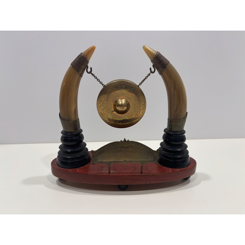 Vintage Brass Gong Desk Ornament Faux Horn Tusk Pillars Wood Base Decor